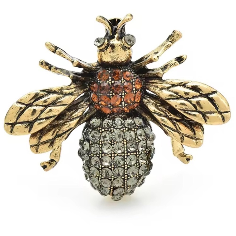 Amber Gold Bee Brooch with Amber and Smoke Crystals